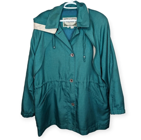 Nuage Vintage Teal Green Cream Hooded Wind Breaker Coat Jacket Women Large - Picture 1 of 11